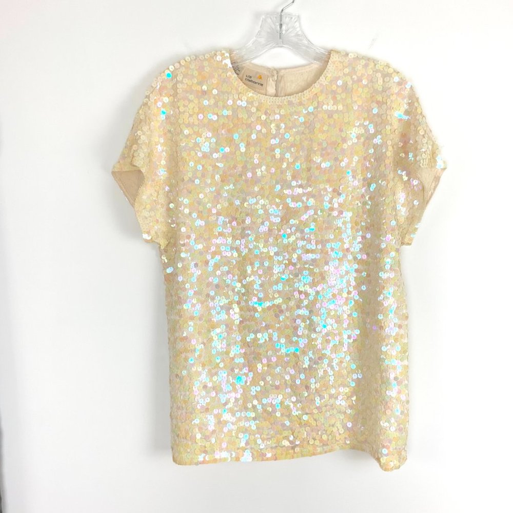 Vintage Liz Claiborne Cream Iridescent Sequin Evening Party Top Sz S